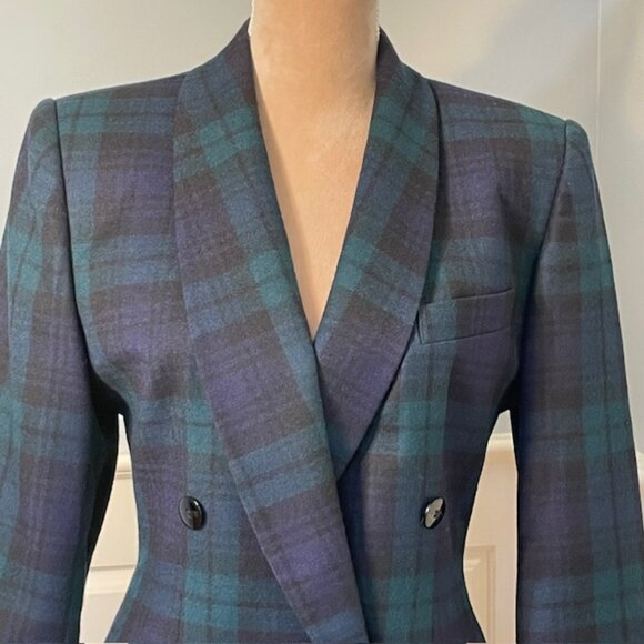 Vintage Tartan100% Wool Black Watch Plaid Double Breasted Blazer Jacket 8 - Picture 3 of 11